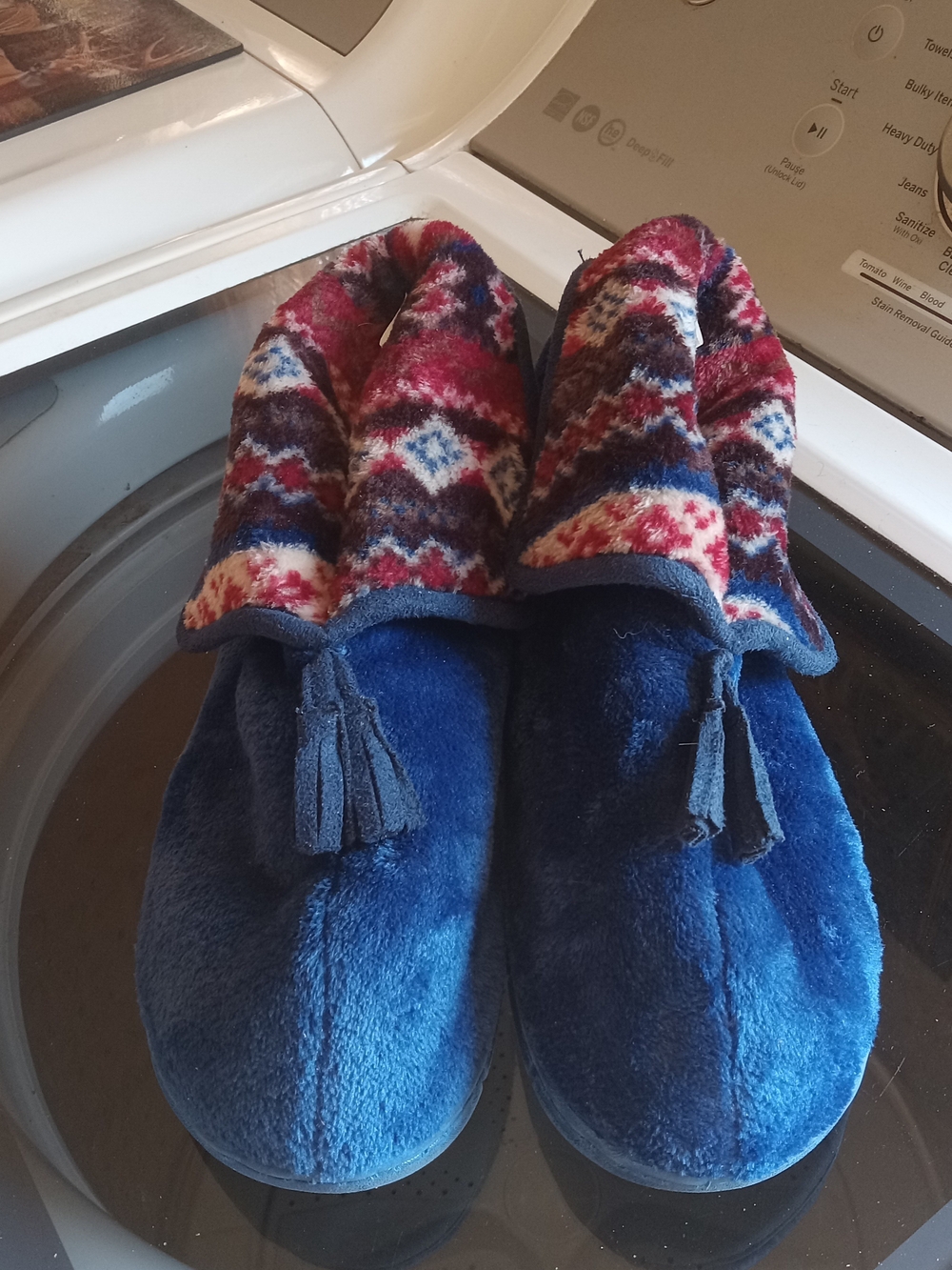 Muk Luks Women's Blue Plush Slipper Boots with Red & Cream Patterned Cuff Size M